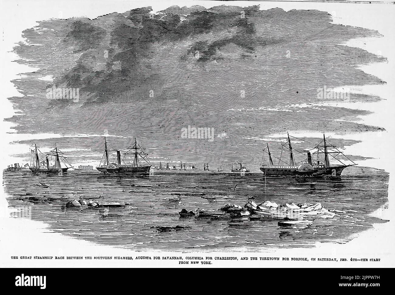 Das große Dampfschiff-Rennen zwischen den südlichen Dampfschiffen Augusta für Savannah, Columbia für Charleston und Yorktown für Norfolk am Samstag, dem 4.. Februar 1860 - der Start von New York. 19.. Jahrhundert Illustration aus Frank Leslie's Illustrated Newspaper Stockfoto