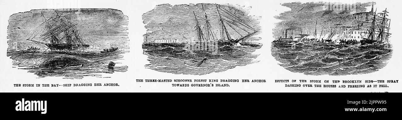 Zerstörung durch einen großen Sturm in New York, Februar 9., 1860 - der Sturm in der Bucht - Schiff schleppt ihren Anker - der Dreimast-Schoner Forest King schleppt ihren Anker auf Governor's Island - Auswirkungen des Sturms auf der Brooklyn-Seite - das Spray wirbelte über die Häuser und frierte, als es fiel. 19.. Jahrhundert Illustration aus Frank Leslie's Illustrated Newspaper Stockfoto