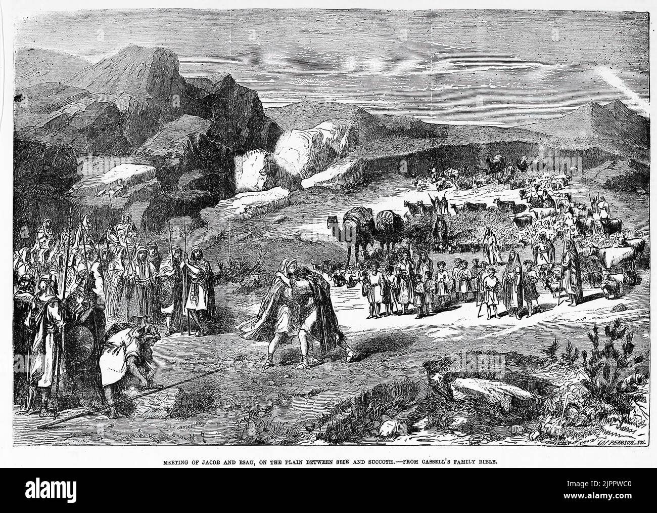 Begegnung von Jakob und Esau, auf der Ebene zwischen Seir und Sukkot (1860). 19.. Jahrhundert Illustration aus Frank Leslie's Illustrated Newspaper Stockfoto