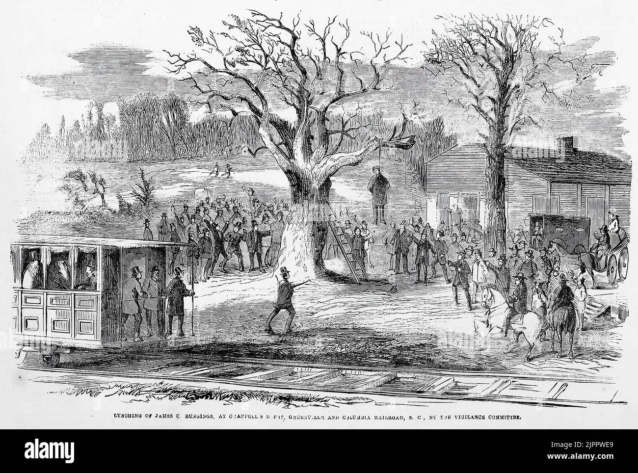 Lynching of James C. Bungings, abolitionist, at Chappell's Depot, South Carolina, by the Vigilance Committee, 6.. Februar 1860. 19.. Jahrhundert Illustration aus Frank Leslie's Illustrated Newspaper Stockfoto