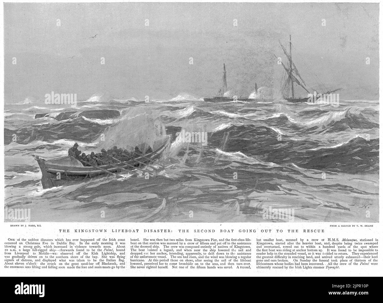 Ein zweites Rettungsboot macht sich auf den Weg, um dem gestrandeten Schiff Palmi vor der irischen Küste zu helfen, am 25. Dezember 1895. Das erste Rettungsboot mit einer Besatzung von 15 Personen ging bei seinem Versuch, zu helfen, verloren. Stockfoto