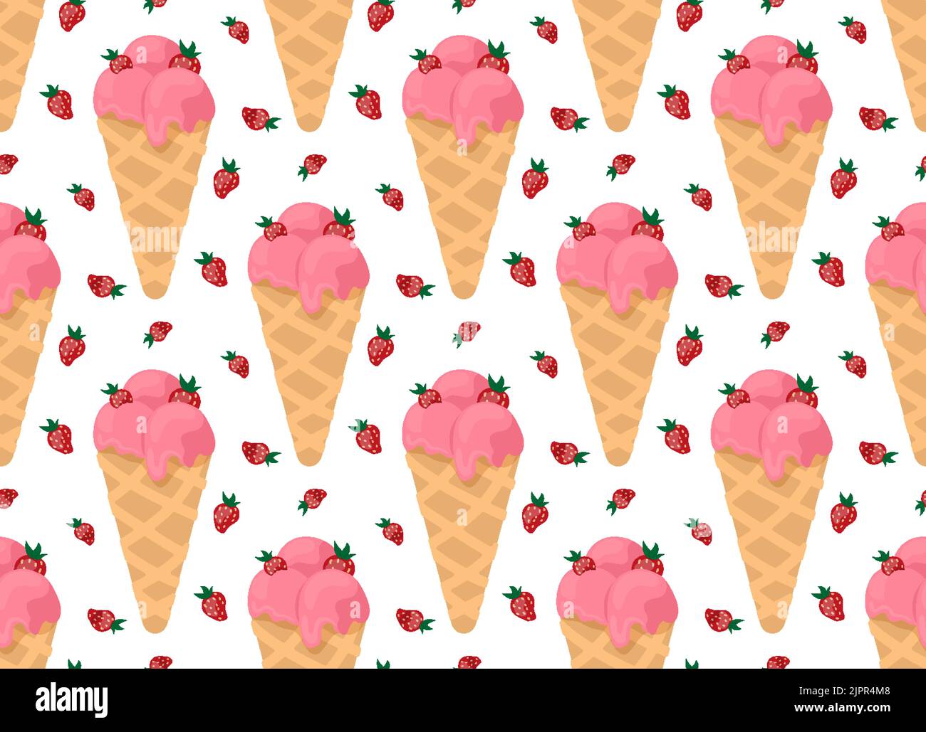 Strawberry Eiscreme mit Waffelhorn, nahtloses Muster. Doodle schlampig Stil Aufkleber Label Molkerei Sommer Kinder Urlaub für Unternehmen handgemachte Verpackung Papier drucken Stoff Textil Tapete festlichen Hintergrund Stock Vektor