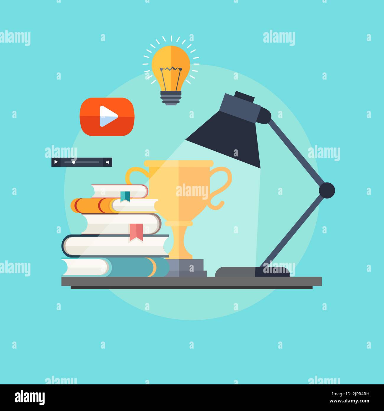 Flache Darstellung des Online-Lernens. Online-Schulungskonzept. Design der Videoschulung. Bücher, Becher, Lampe mit Licht und Videoelementen Stock Vektor