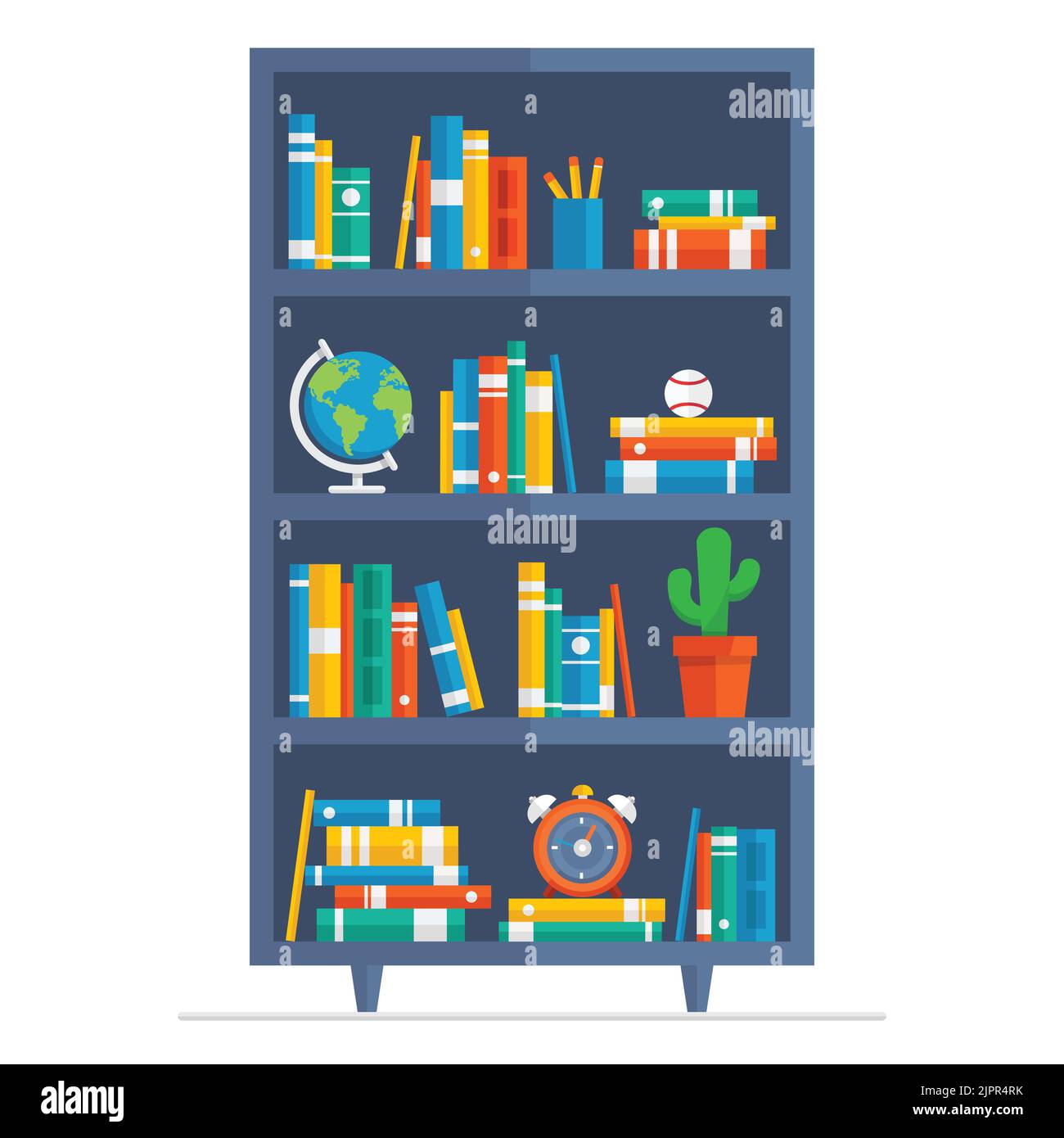 Bücherregalvektor. Element der Home-Bibliothek. Bücherregal mit Büchern, Kugel, Kaktus und Uhr. Bildung, Schule und Universität. Cartoon-Vektor Stock Vektor