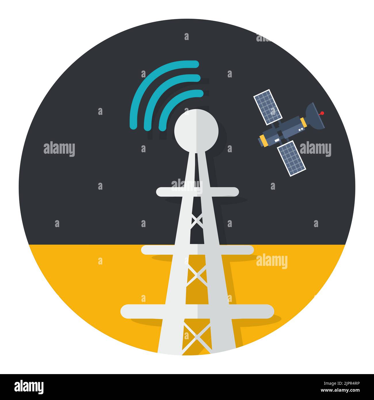Funkturm mit Satellit. Symbol für Senderantenne. Sendeturm. Digitales Radiosignal. Flaches Symbol in einem Kreis, isoliert auf weiß Stock Vektor