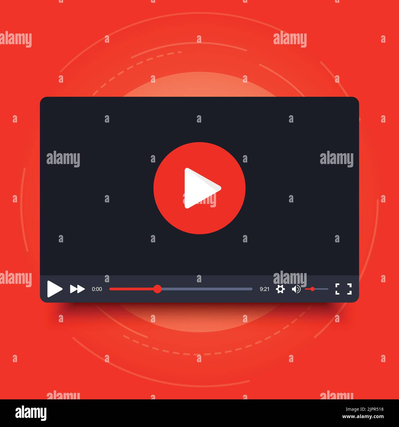 Videoplayer-Rahmen. Bildschirm für die Benutzeroberfläche des Videoplayers. Video-Player-Rahmen im Cartoon-Design-Stil. Isoliert auf rotem Hintergrund. Vektorelement Stock Vektor