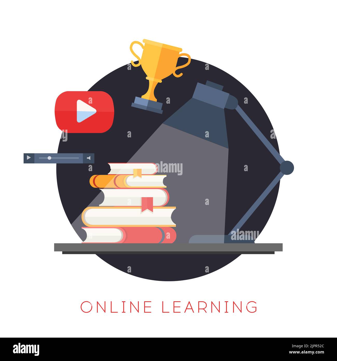 Vektorsymbol für Online-Lernen. Konzept mit flachen Symbolen für Online-Schulungen. Design der Videoschulung. Bücher, Becher, Lampe mit Licht und Videoelemente im Kreis Stock Vektor