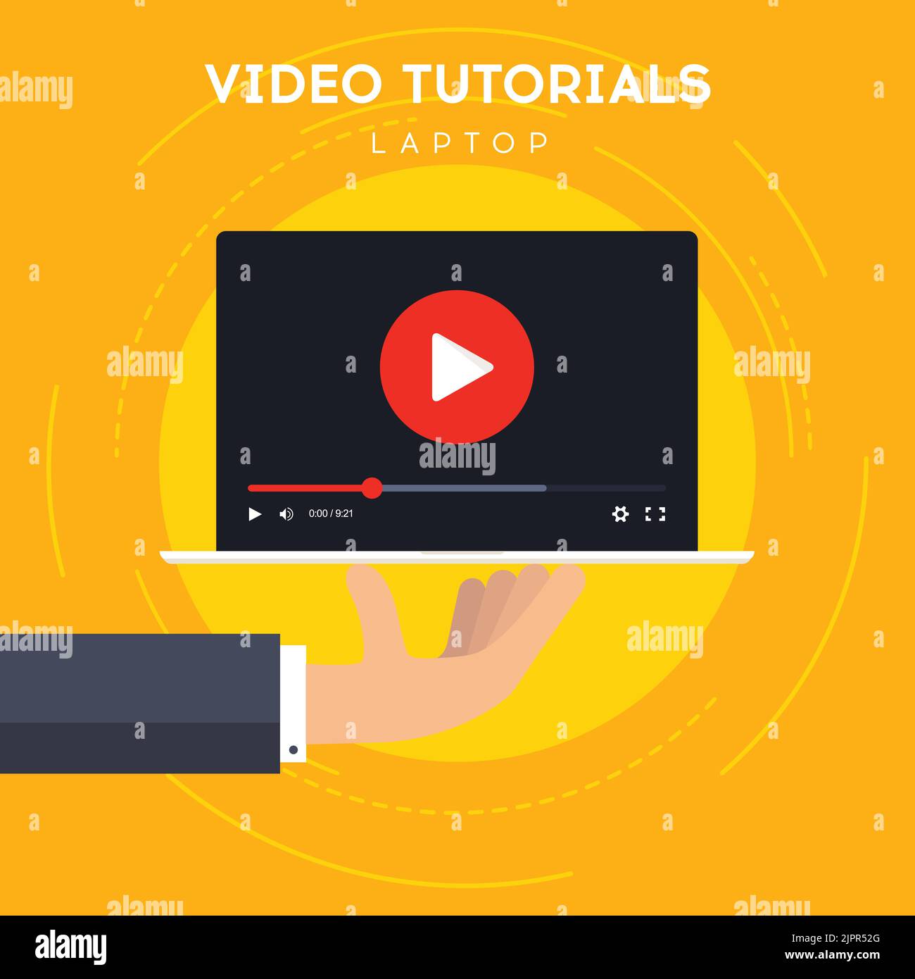 Video-Tutorial auf Laptop. Handgehaltenes Notebook mit Videoplayer. Online-Lernen zu Hause. Digitaler Kurs für Wissenswachstum. Symbol für Videokonferenz Stock Vektor