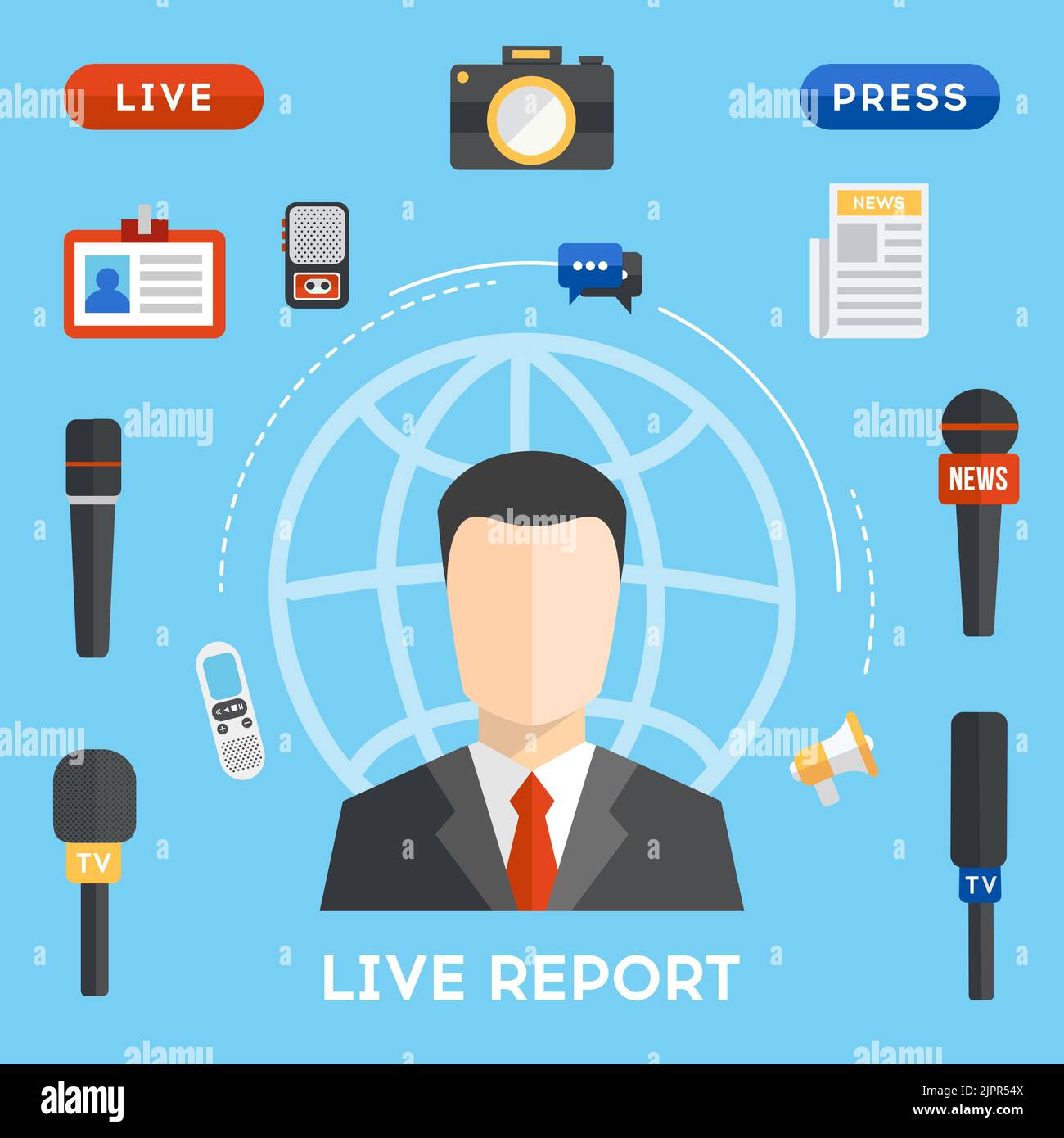 Vector Live Report Konzept, Live News. Flachdarstellung von Massenmedien. Live-Pressekonferenz-Konzept. Männlicher Interviewer mit journalistischen Elementen Stock Vektor