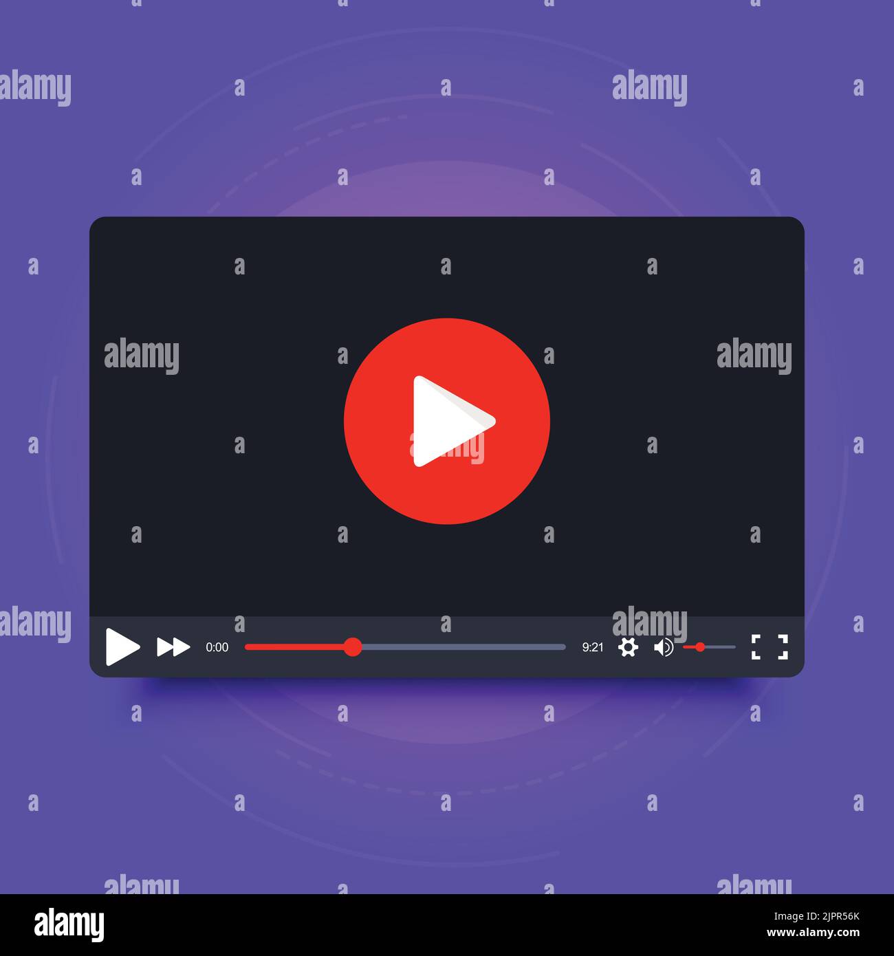 Videoplayer-Rahmen. Bildschirm für die Benutzeroberfläche des Videoplayers. Video-Player-Rahmen im Cartoon-Design-Stil. Isoliert auf violettem Hintergrund. Vektorelement Stock Vektor