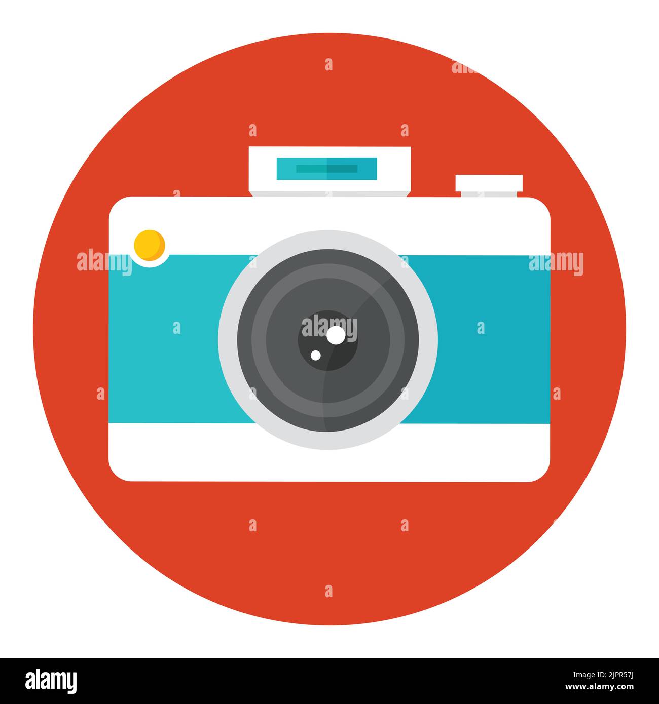 Symbol für Fotokamera. Fotokamera mit Objektiv und Taste. Paparazzi-Ausrüstung. Fotostudio-Kamera. Flaches Symbol in einem Kreis isoliert auf weißem Hintergrund Stock Vektor