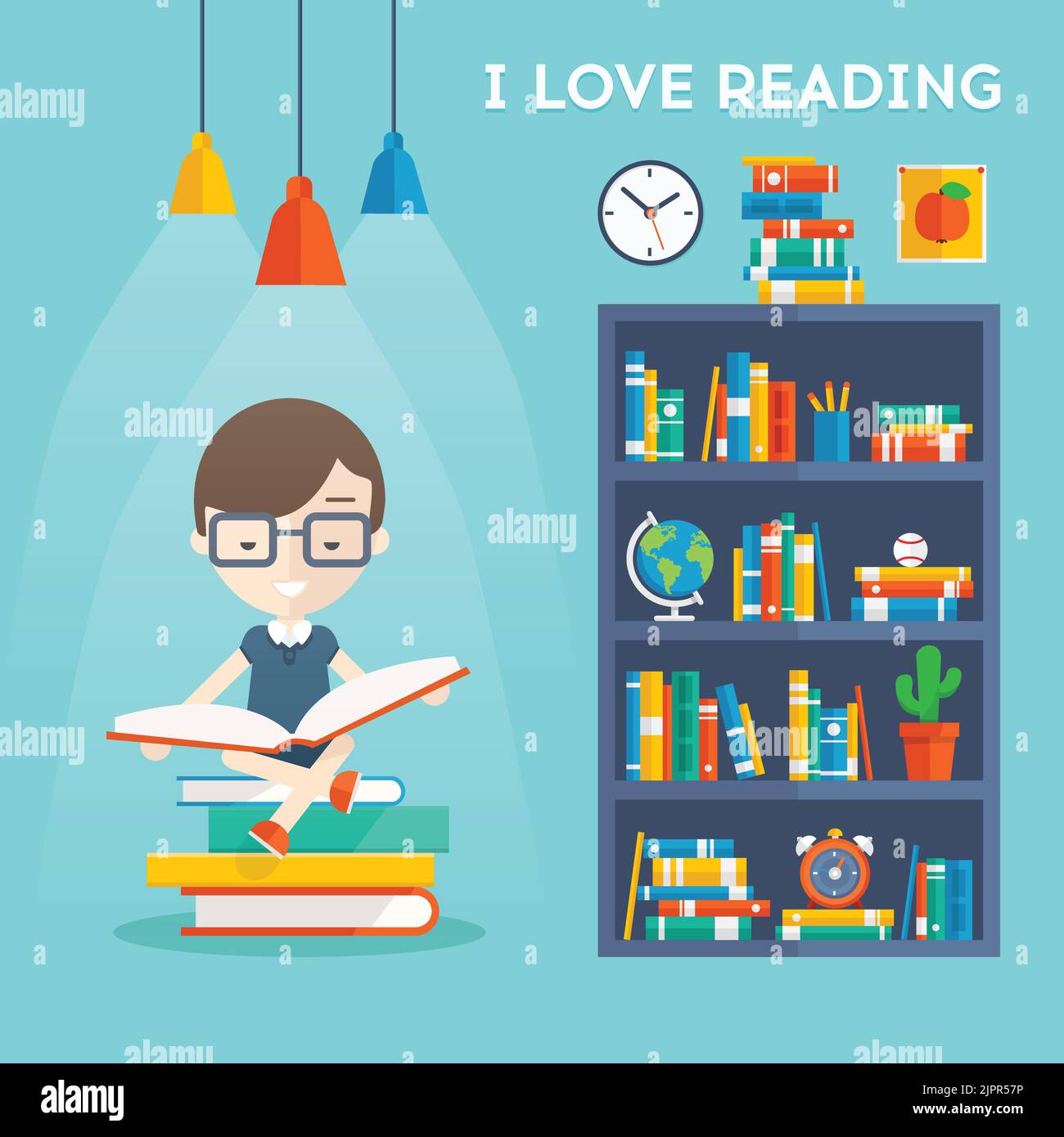 Ich liebe es zu lesen. Der Mann sitzt auf einem Bücherbestand und liest sein Lieblingsbuch neben dem Bücherregal. Vektor flache Illustration von Bildung und Schule, Studium Stock Vektor