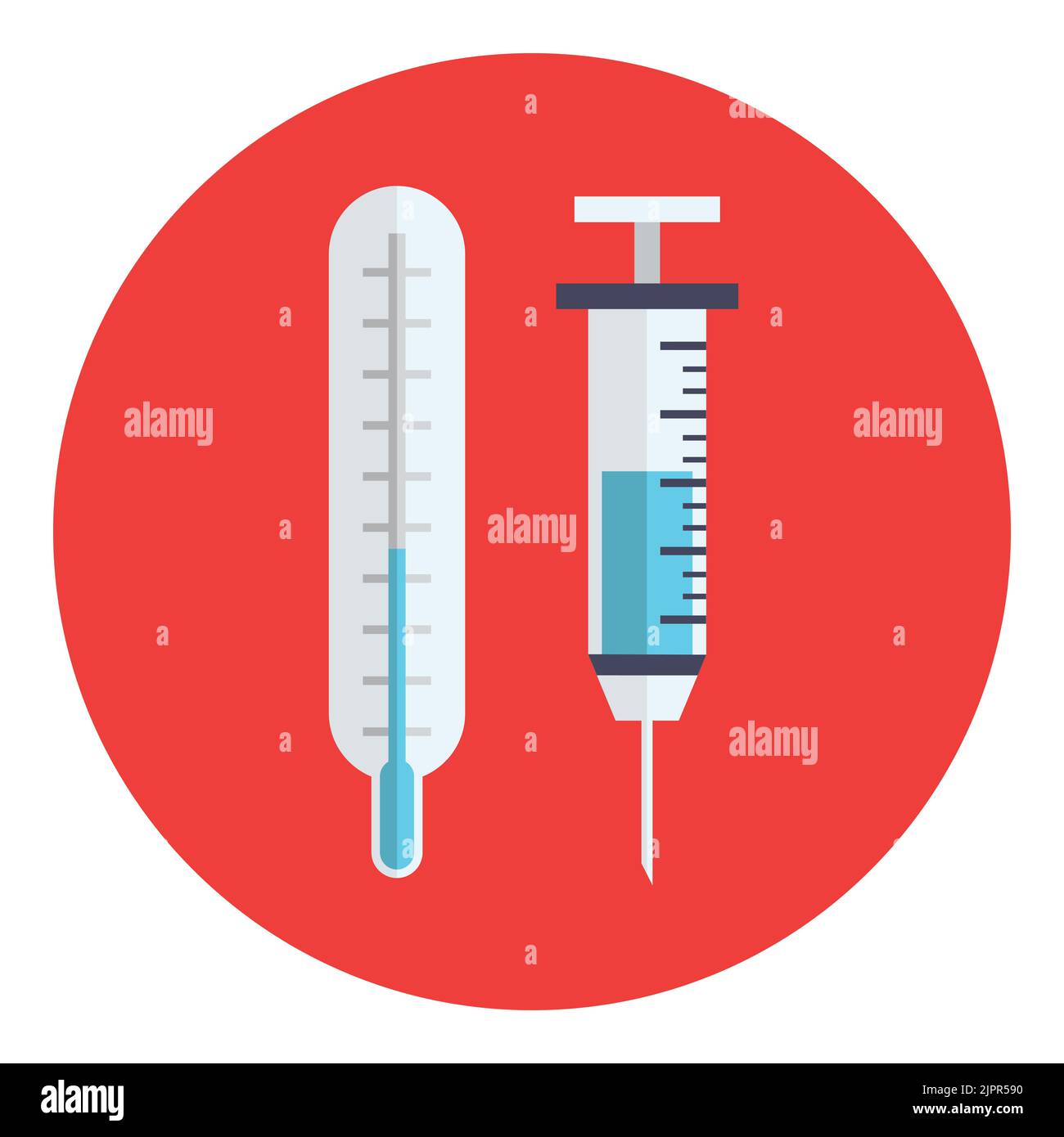Symbol für Thermometer und Spritze. Medizinisches Thermometer und Spritze flach, Zeichentricksymbole im Kreis. Medizinisches Flachsymbol isoliert auf weißem Hintergrund. Vektor Stock Vektor