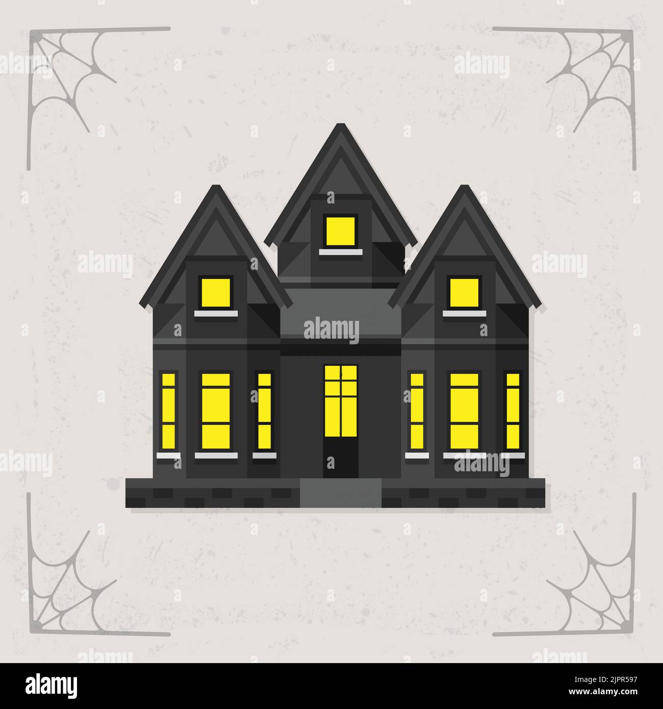 Scary House Ikone. Haunted House in der Nacht. Halloween-Illustration isoliert auf stilisiertem grauen Hintergrund. Vektorgrafik Stock Vektor