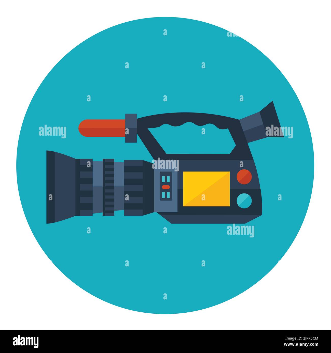 Symbol für Videokamera. Videokamera mit Mikrofon. Camcorder-Symbol. Professionelle Videokamera. Flaches Symbol im Kreis isoliert auf weißem Hintergrund. Vektor Stock Vektor