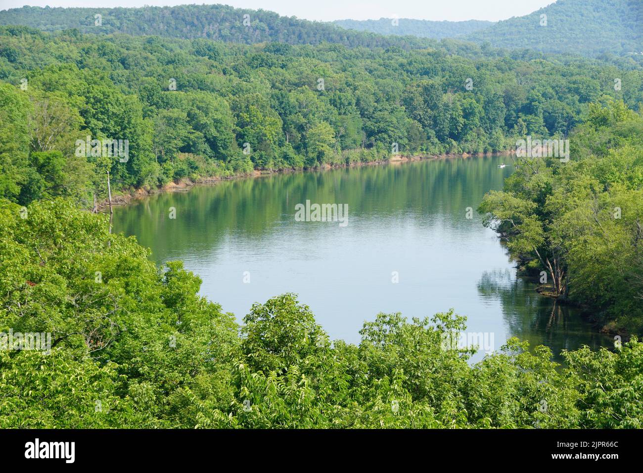 Wunderschöner Blick auf das Wasser im Sommer des West Leatherwood Creek in der Nähe von Eureka Springs, Arkansas, USA Stockfoto