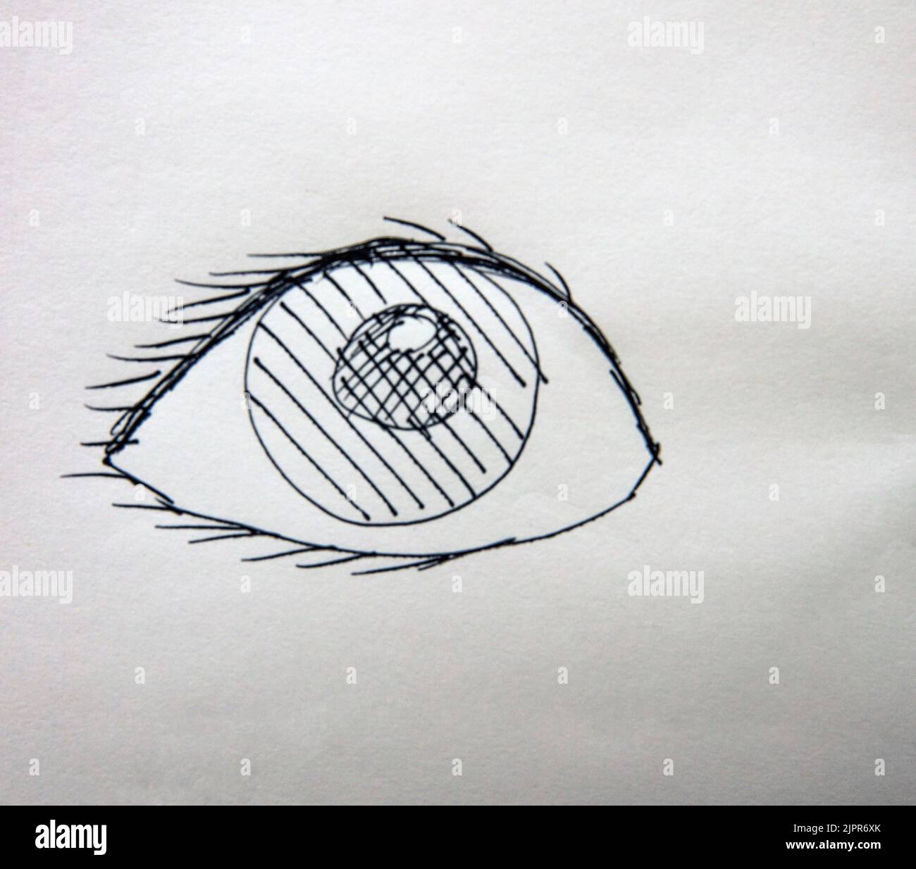 Doodle-Zeichnung eines Auges mit schwarzer Tinte auf weißem Papier Stockfoto