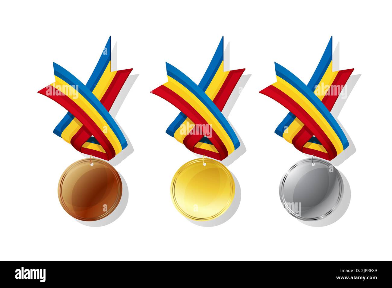 Rumänische Medaillen in Gold, Silber und Bronze mit National Flagge. Isolierte Vektorobjekte auf weißem Hintergrund Stockfoto