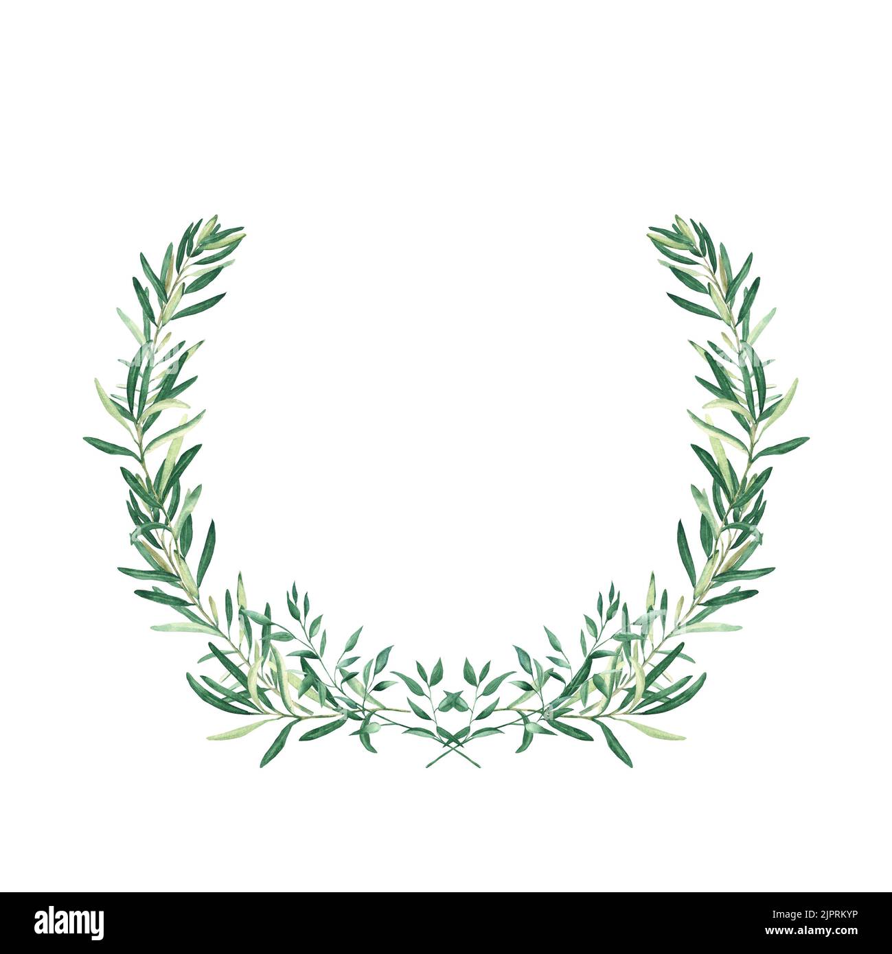 Wasserfarbener olivfarbener Kranz mit Pistazien-Zweigen. Isoliert auf weißem Hintergrund. Handgezeichnete botanische Illustration von sportlichen Leistungen, Auszeichnungen und Stockfoto