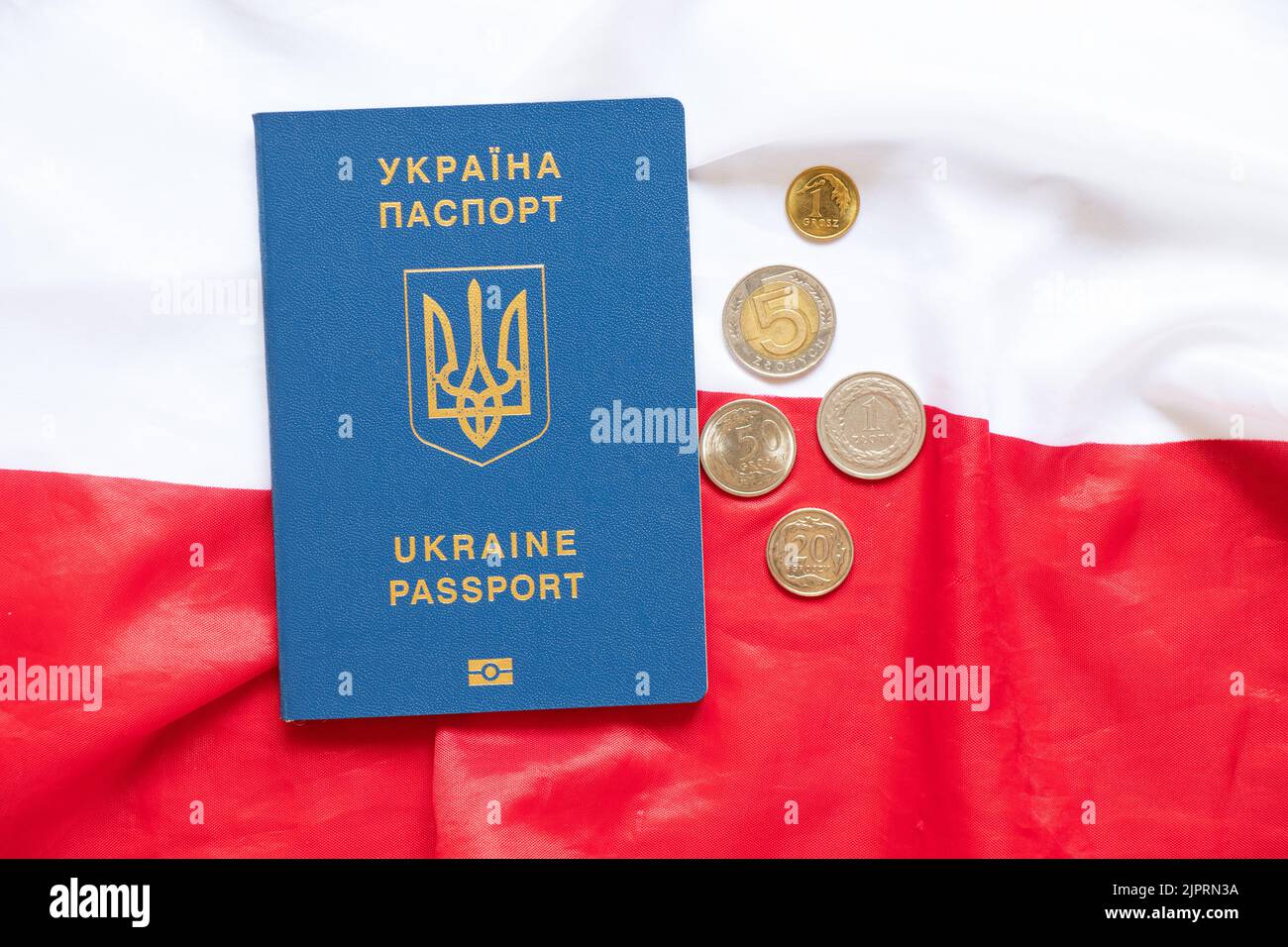 Polnische Zlotys und ein biometrischer Pass der Ukraine liegen auf den Flaggen Polens, der Finanzen und Wirtschaft der Ukraine und Polens, der Migration der Ukrainer Stockfoto