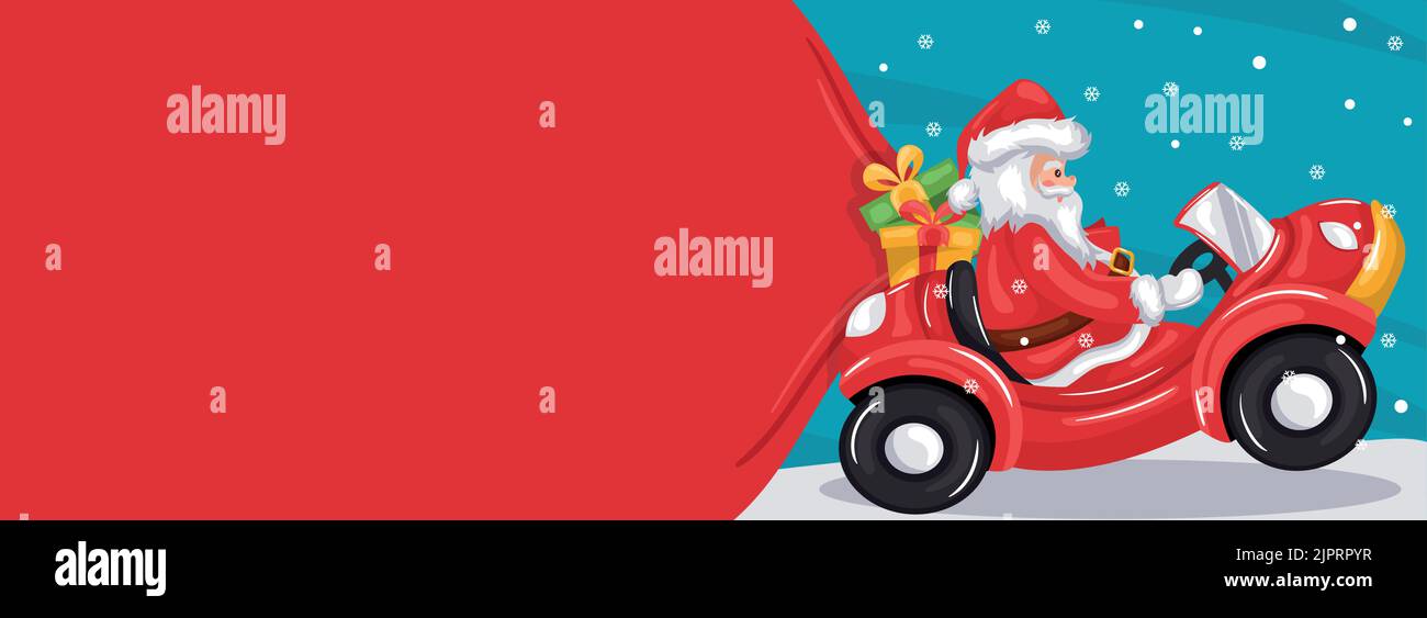 Frohe weihnachten Hintergrund mit santa claus Auto fahren und ziehen Geschenktüte auf Schnee. Weihnachtsbanner mit Platz für Text Stock Vektor
