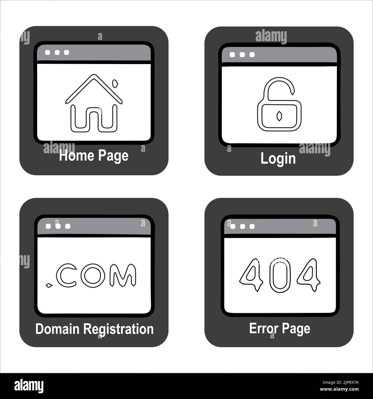 Eine digitale Vektorvorlage mit Symbolen für eine Startseite, Anmeldung, Domänenregistrierung und eine Fehlerseite Stock Vektor