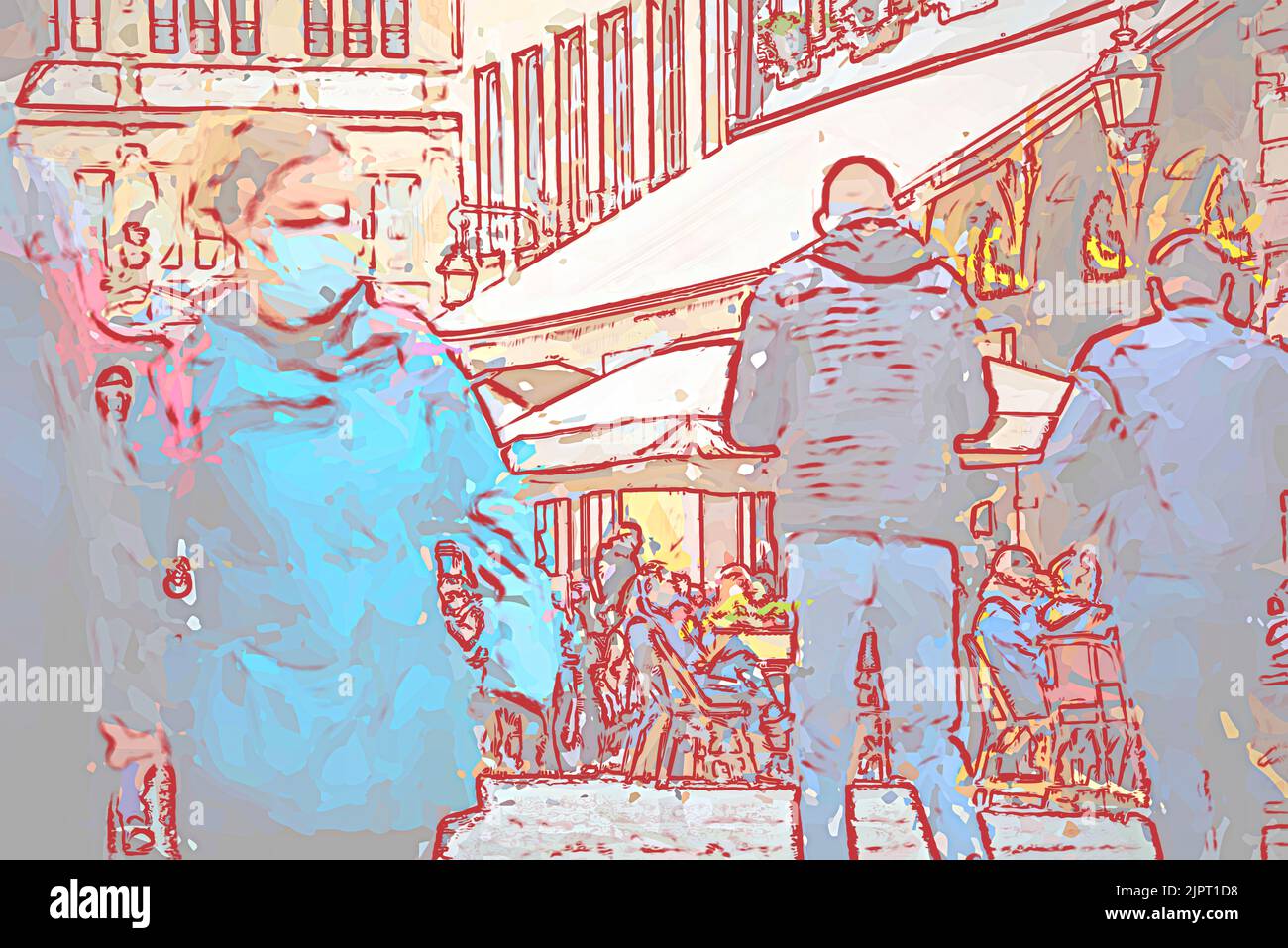 Gezeichnete Stadt mit Silhouette von Menschen auf Restaurantterrassen in Metaverse konzeptuelle Realität Imagination virtuelle und reale Welt - Cybersapce hypothetische Iteration des Internets, Unterstützung persistenter Online 3-D virtuellen Umgebungen Stockfoto