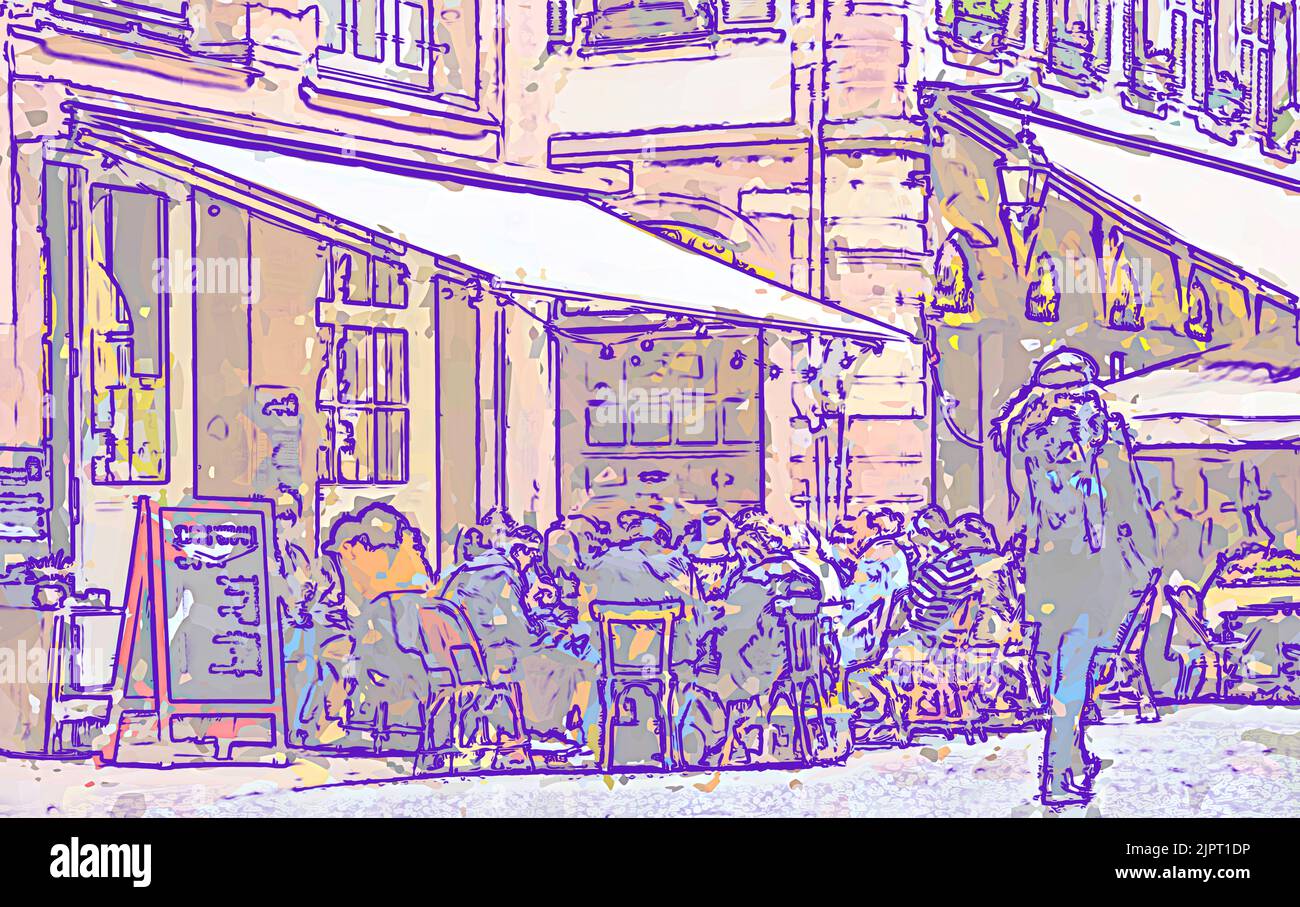Gezeichnete Stadt mit Silhouette von Menschen auf Restaurantterrassen in Metaverse konzeptuelle Realität Imagination virtuelle und reale Welt - Cybersapce hypothetische Iteration des Internets, Unterstützung persistenter Online 3-D virtuellen Umgebungen Stockfoto