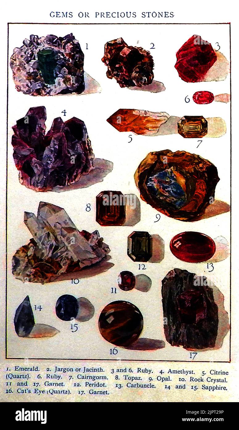 Eine frühe britische farbige Bildungsidentitätskarte für Steine, Mineralien und Edelsteine Stockfoto