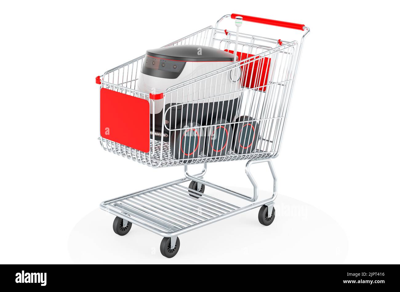 Warenkorb mit autonomem Roboter, 3D Rendering isoliert auf weißem Hintergrund Stockfoto