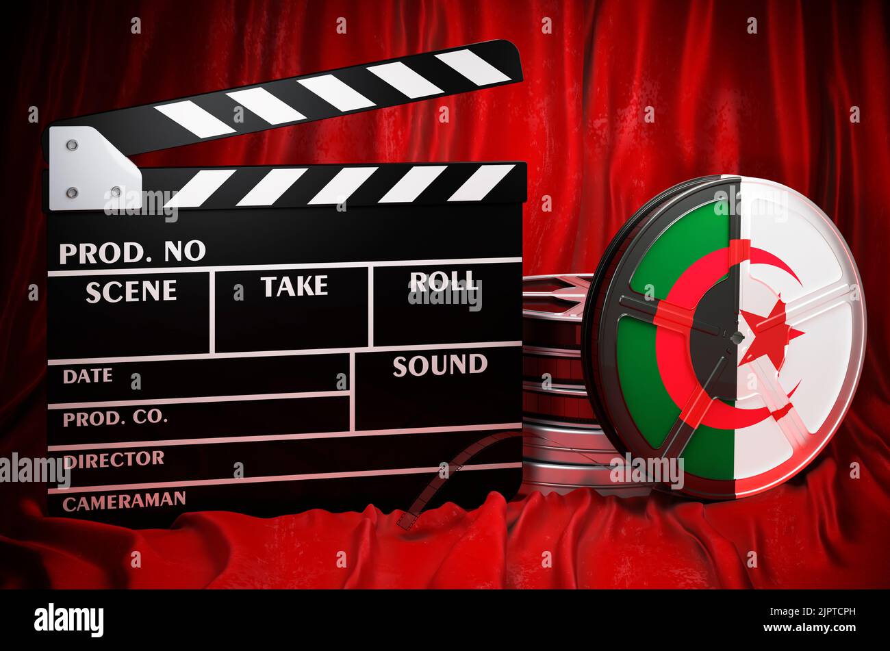 Algerische Kinematographie, Filmindustrie, Kino in Algerien, Konzept. Spanplatte mit und Filmrollen auf dem roten Stoff, 3D Rendering Stockfoto