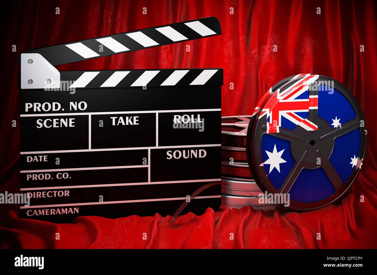 Australische Kinematographie, Filmindustrie, Kino in Australien, Konzept. Spanplatte mit und Filmrollen auf dem roten Stoff, 3D Rendering Stockfoto