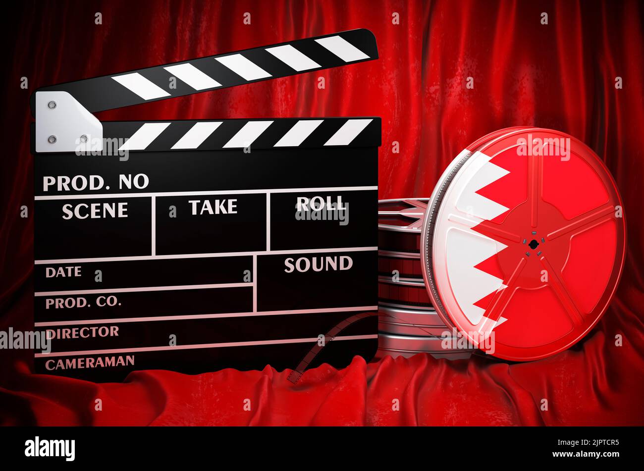 Bahrainische Kinematographie, Filmindustrie, Kino in Bahrain, Konzept. Spanplatte mit und Filmrollen auf dem roten Stoff, 3D Rendering Stockfoto