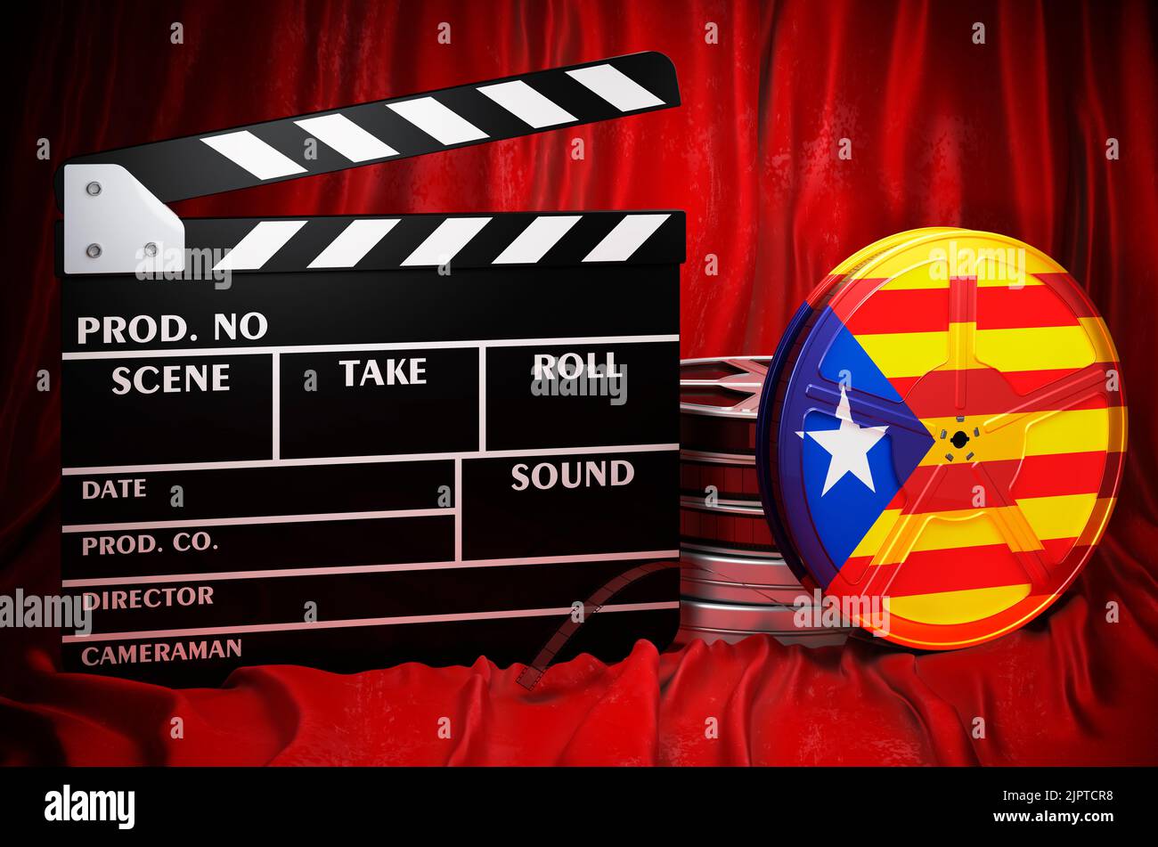 Katalanische Kinematographie, Filmindustrie, Kino in Katalonien, Konzept. Spanplatte mit und Filmrollen auf dem roten Stoff, 3D Rendering Stockfoto