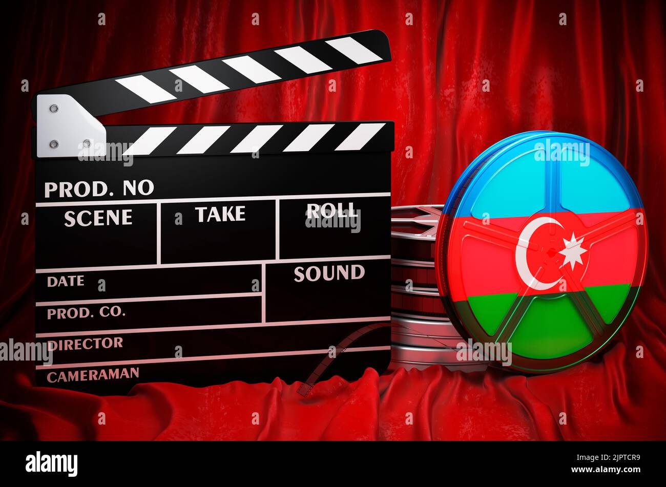 Aserbaidschanische Kinematographie, Filmindustrie, Kino in Aserbaidschan, Konzept. Spanplatte mit und Filmrollen auf dem roten Stoff, 3D Rendering Stockfoto