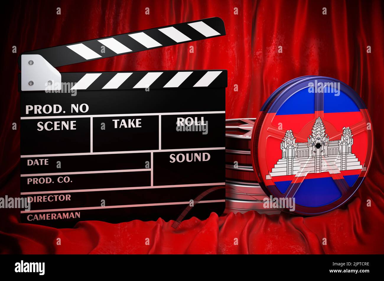 Kambodschanische Kinematographie, Filmindustrie, Kino in Kambodscha, Konzept. Spanplatte mit und Filmrollen auf dem roten Stoff, 3D Rendering Stockfoto