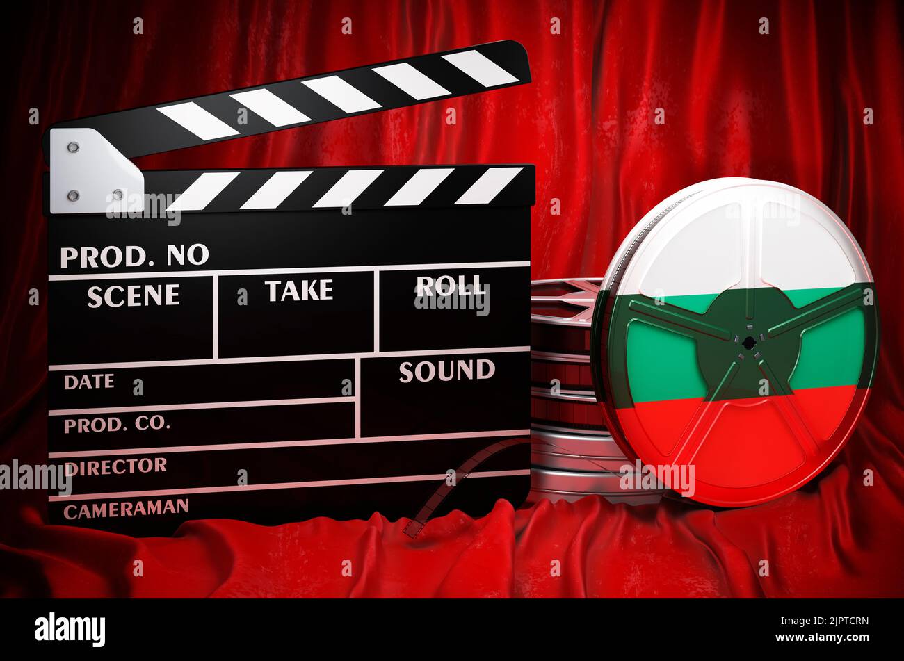 Bulgarische Kinematographie, Filmindustrie, Kino in Bulgarien, Konzept. Spanplatte mit und Filmrollen auf dem roten Stoff, 3D Rendering Stockfoto