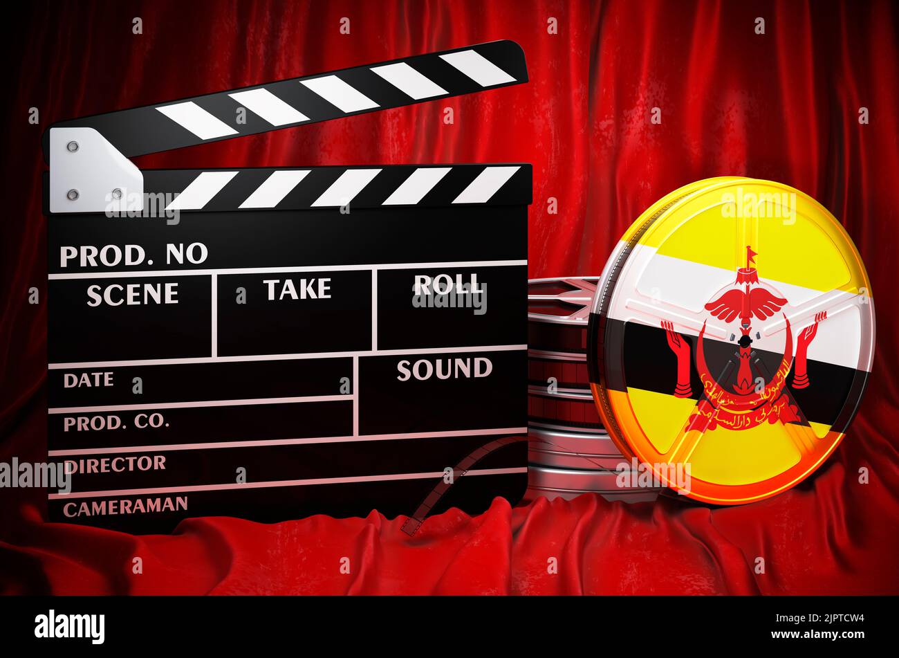 Bruneianische Kinematographie, Filmindustrie, Kino in Brunei, Konzept. Spanplatte mit und Filmrollen auf dem roten Stoff, 3D Rendering Stockfoto