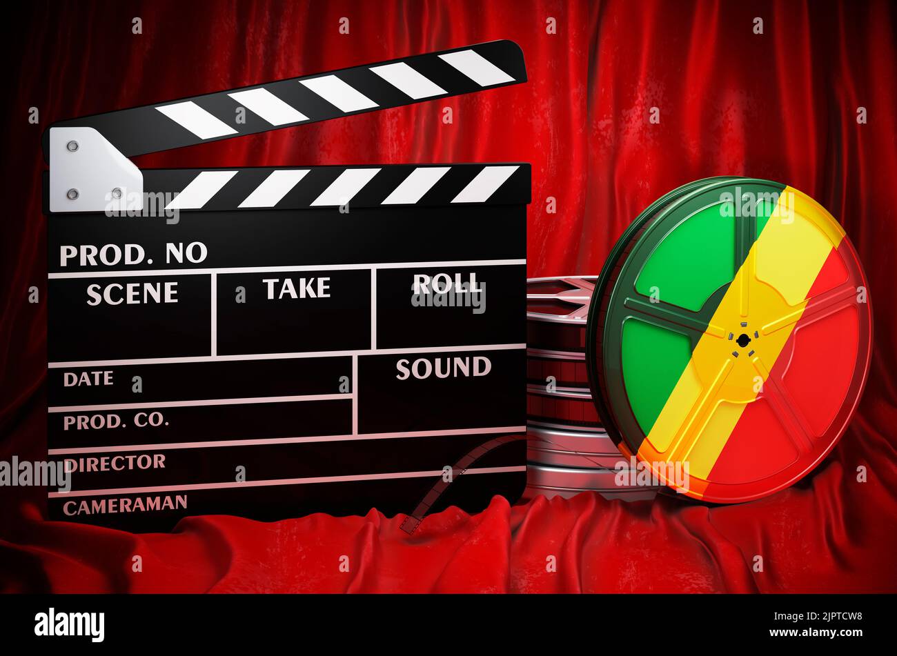 Kongolesische Kinematographie, Filmindustrie, Kino im Kongo, Konzept. Spanplatte mit und Filmrollen auf dem roten Stoff, 3D Rendering Stockfoto