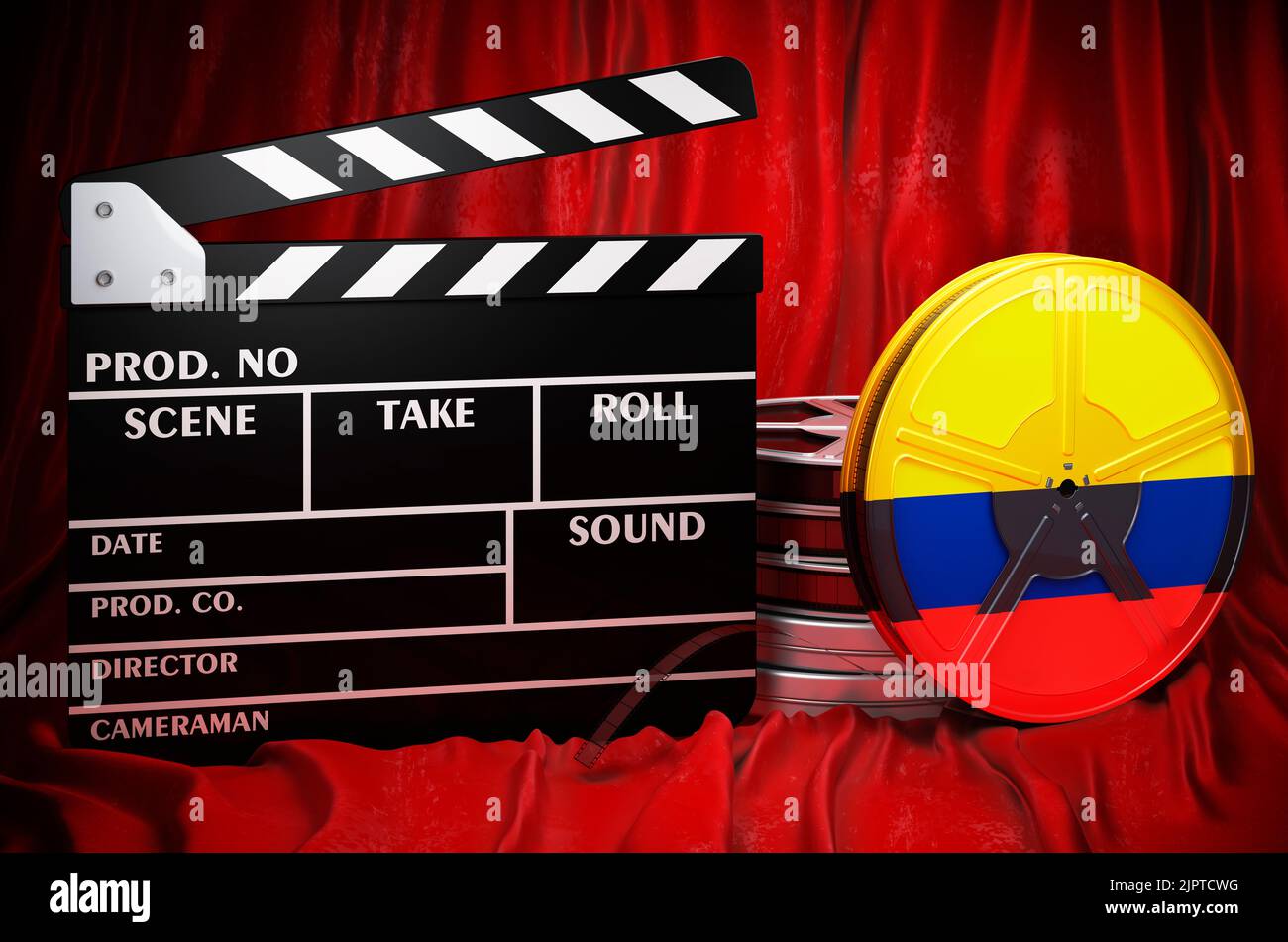 Kolumbianische Kinematographie, Filmindustrie, Kino in Kolumbien, Konzept. Spanplatte mit und Filmrollen auf dem roten Stoff, 3D Rendering Stockfoto