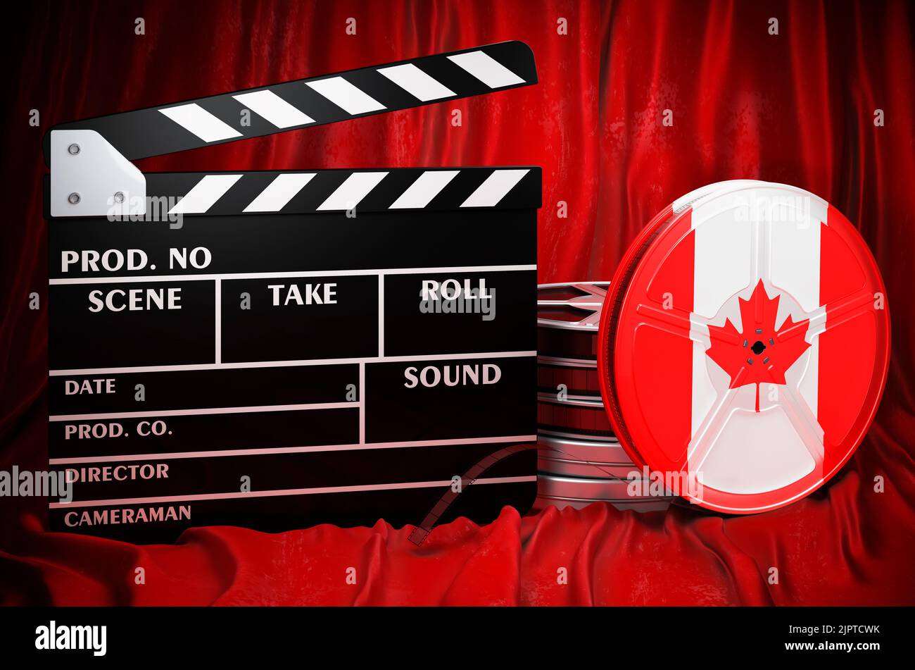 Kanadische Kinematographie, Filmindustrie, Kino in Kanada, Konzept. Spanplatte mit und Filmrollen auf dem roten Stoff, 3D Rendering Stockfoto