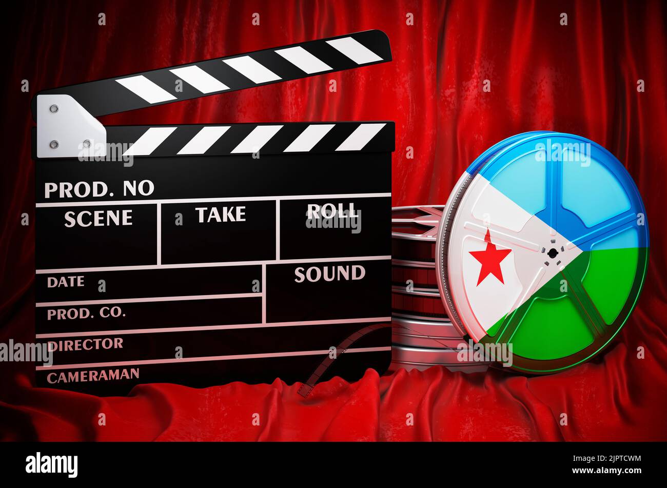 Dschibutische Kinematographie, Filmindustrie, Kino in Dschibuti, Konzept. Spanplatte mit und Filmrollen auf dem roten Stoff, 3D Rendering Stockfoto