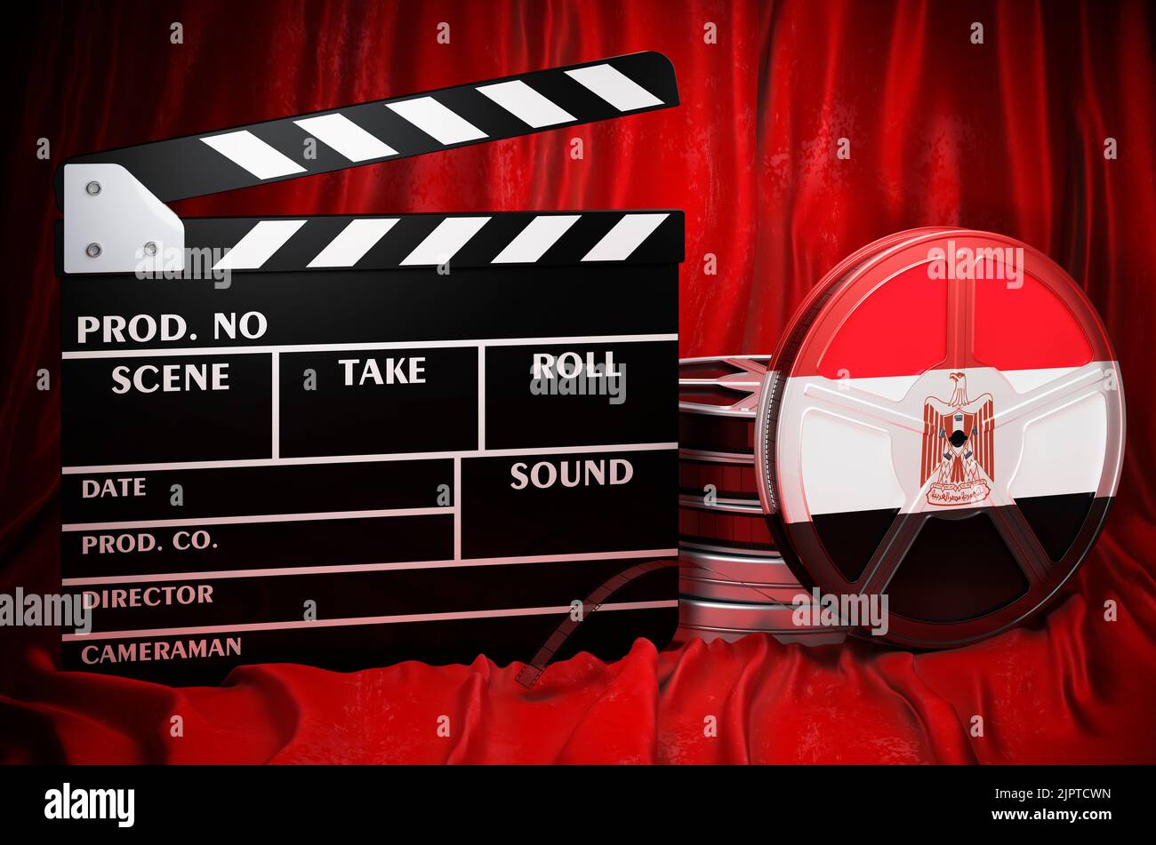 Ägyptische Kinematographie, Filmindustrie, Kino in Ägypten, Konzept. Spanplatte mit und Filmrollen auf dem roten Stoff, 3D Rendering Stockfoto