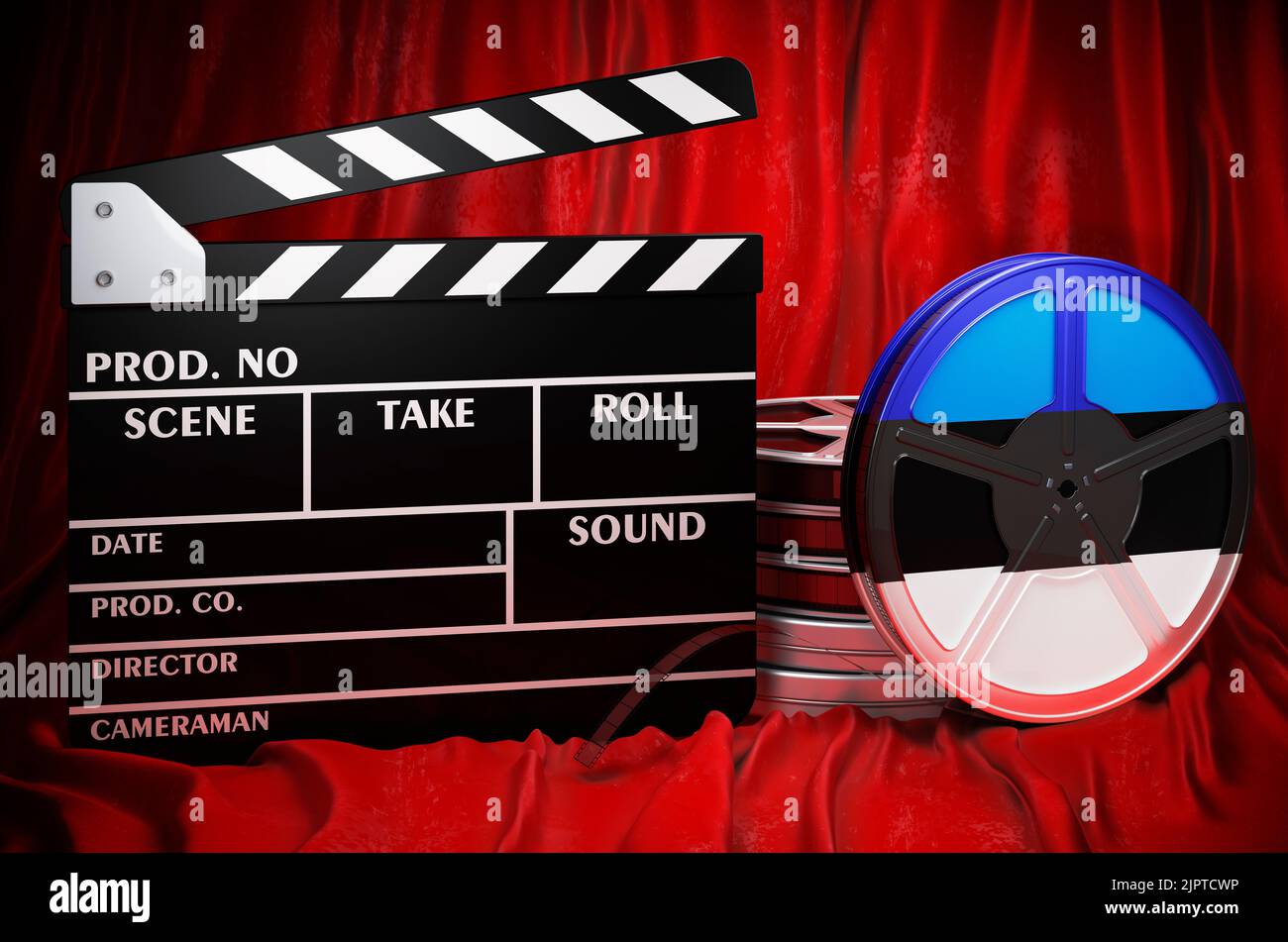 Estnische Kinematographie, Filmindustrie, Kino in Estland, Konzept. Spanplatte mit und Filmrollen auf dem roten Stoff, 3D Rendering Stockfoto