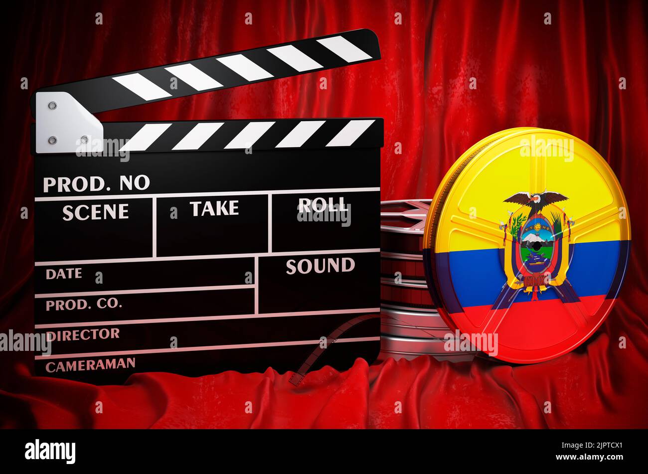 Ecuadorianische Kinematographie, Filmindustrie, Kino in Ecuador, Konzept. Spanplatte mit und Filmrollen auf dem roten Stoff, 3D Rendering Stockfoto