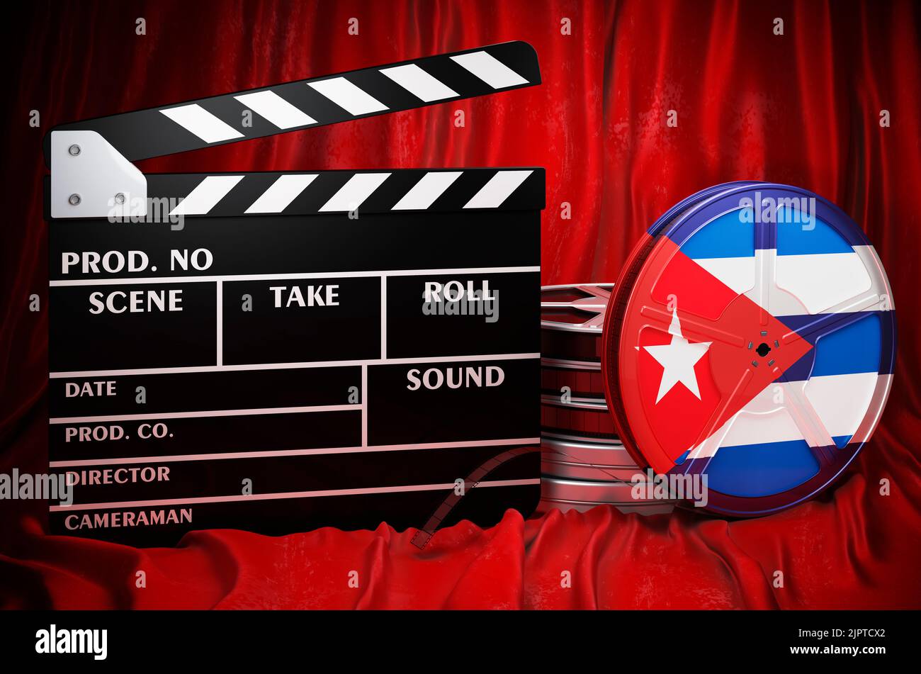 Kubanische Kinematographie, Filmindustrie, Kino in Kuba, Konzept. Spanplatte mit und Filmrollen auf dem roten Stoff, 3D Rendering Stockfoto