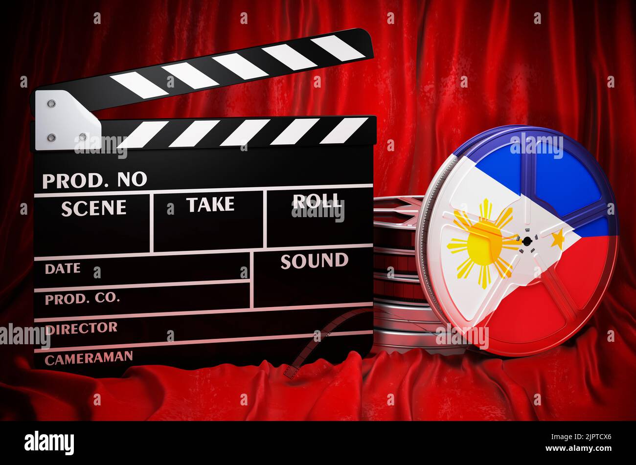 Filipino Kinematographie, Filmindustrie, Kino auf den Philippinen, Konzept. Spanplatte mit und Filmrollen auf dem roten Stoff, 3D Rendering Stockfoto