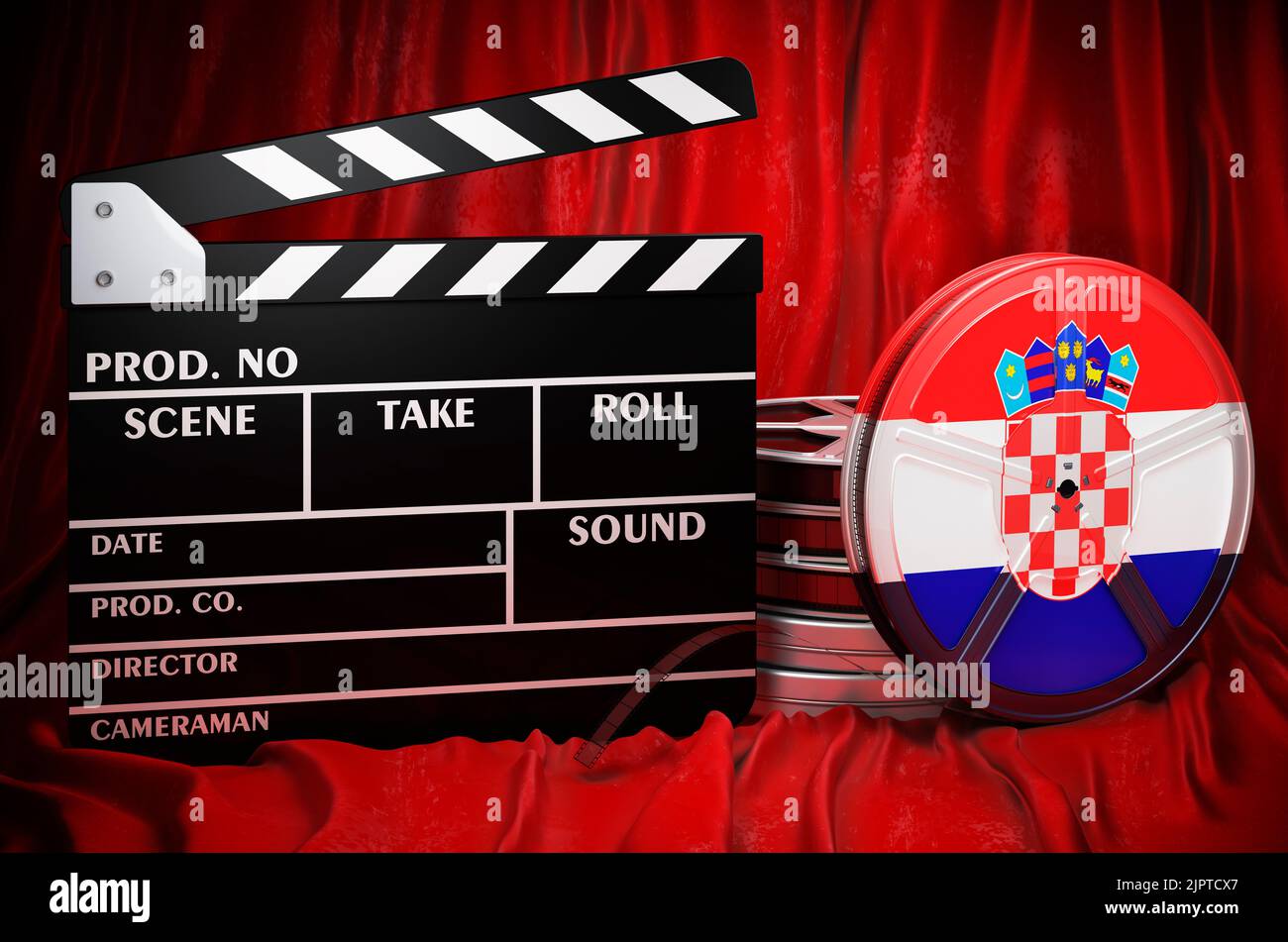 Kroatische Kinematographie, Filmindustrie, Kino in Kroatien, Konzept. Spanplatte mit und Filmrollen auf dem roten Stoff, 3D Rendering Stockfoto