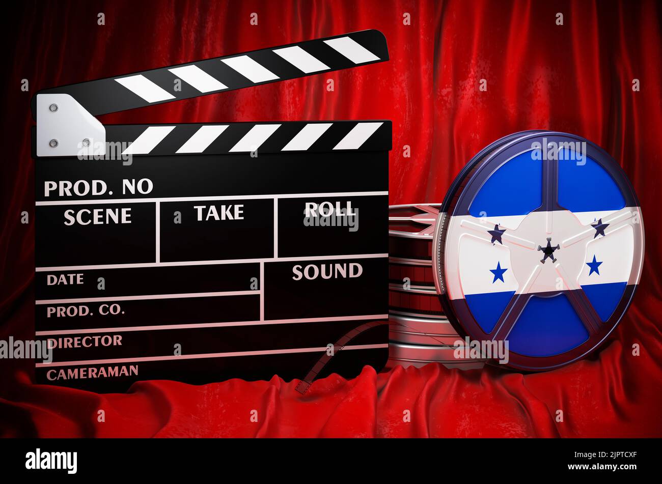 Honduranische Kinematographie, Filmindustrie, Kino in Honduras, Konzept. Spanplatte mit und Filmrollen auf dem roten Stoff, 3D Rendering Stockfoto