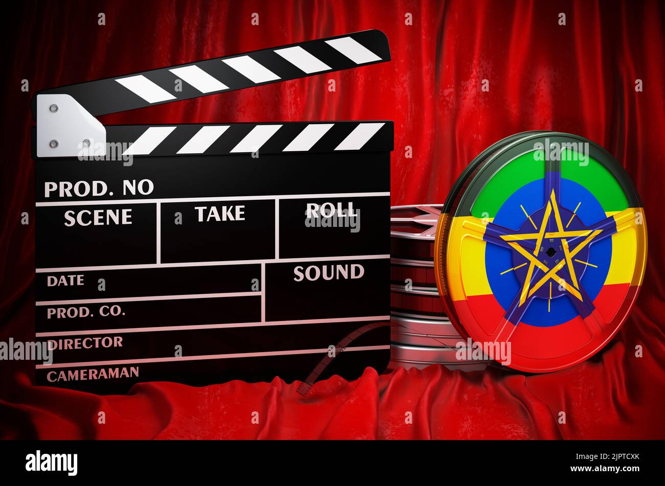 Äthiopische Kinematographie, Filmindustrie, Kino in Äthiopien, Konzept. Spanplatte mit und Filmrollen auf dem roten Stoff, 3D Rendering Stockfoto